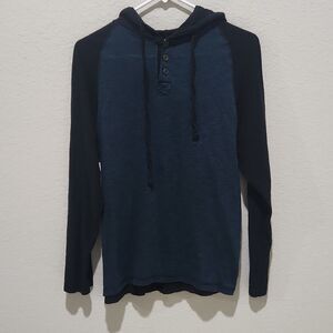 Distortion Blue Black Striped Pullover Hoodie Button Neck Hooded Sweatshirt M